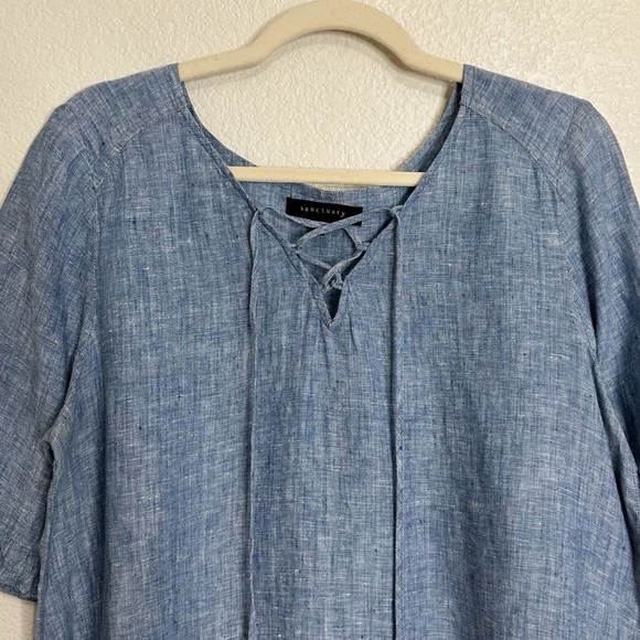 Sanctuary 100% Linen Chambray Lace Up Ruffled Sleeves Top, Sz Large - Picture 4 of 12
